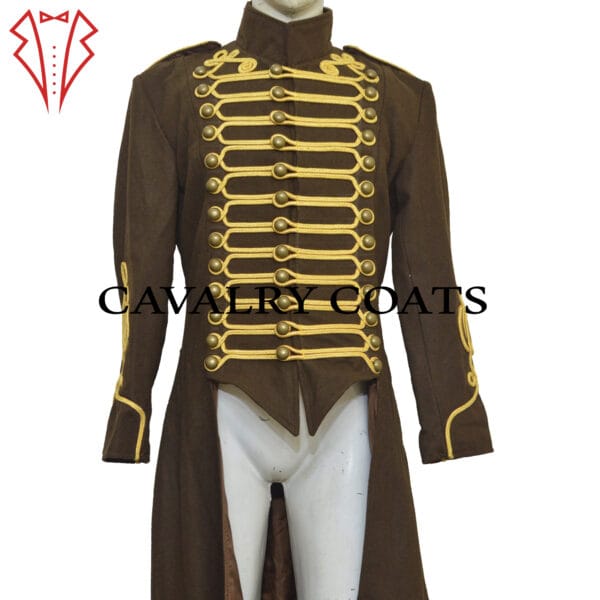 A brown hussar military tailcoat for men with intricate steampunk-inspired designs and brass button accents.