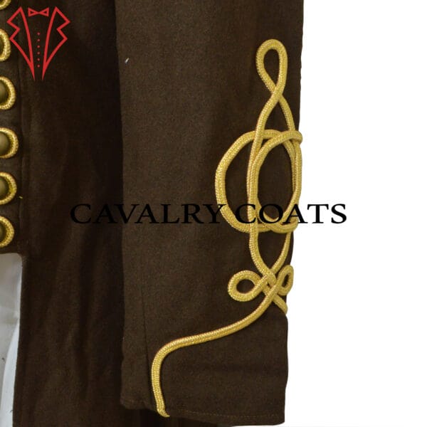 A brown hussar military tailcoat for men with intricate steampunk-inspired designs and brass button accents.