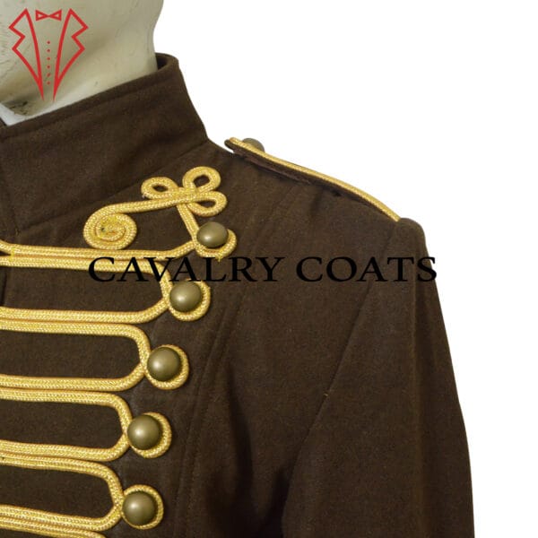 A brown hussar military tailcoat for men with intricate steampunk-inspired designs and brass button accents.