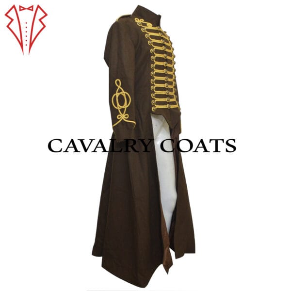 A brown hussar military tailcoat for men with intricate steampunk-inspired designs and brass button accents.