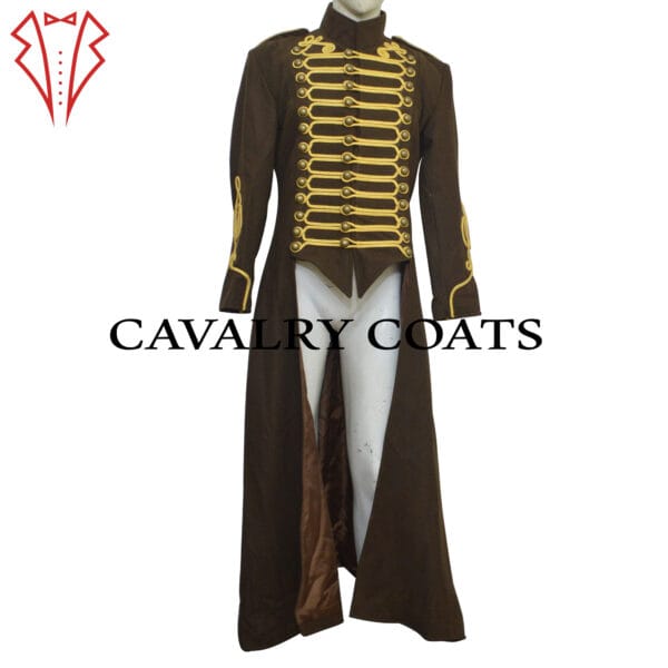 A brown hussar military tailcoat for men with intricate steampunk-inspired designs and brass button accents.