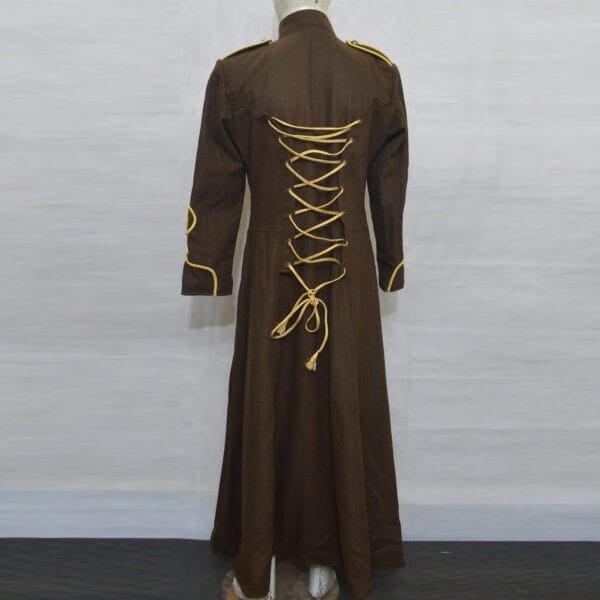 A brown hussar military tailcoat for men with intricate steampunk-inspired designs and brass button accents.