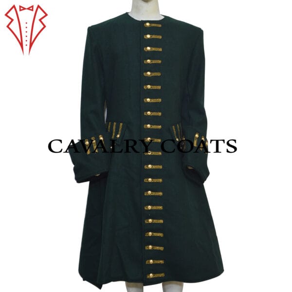 A man wearing a long green frock coat with a military-style design, featuring ornate buttons and structured tailoring.