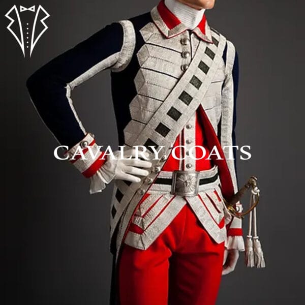 A complete uniform of the French Gardes du Corps, featuring a vibrant blue coat adorned with gold trimmings and intricate embroidery. The uniform includes white breeches, black boots, and a distinctive plumed helmet, completing the regal ensemble.