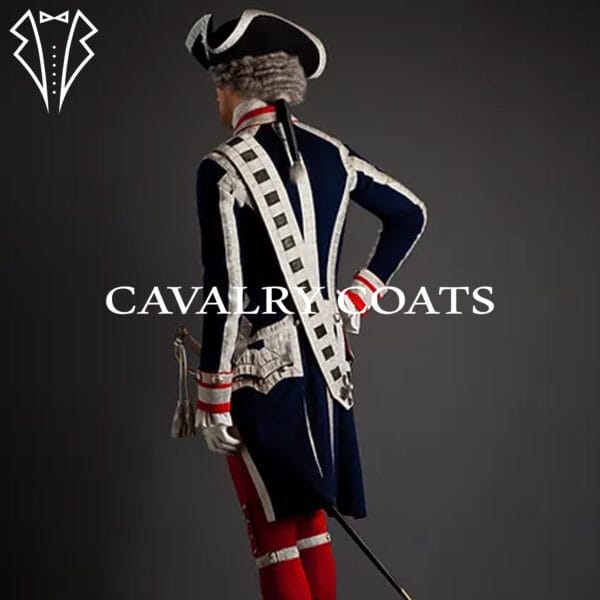 A complete uniform of the French Gardes du Corps, featuring a vibrant blue coat adorned with gold trimmings and intricate embroidery. The uniform includes white breeches, black boots, and a distinctive plumed helmet, completing the regal ensemble.