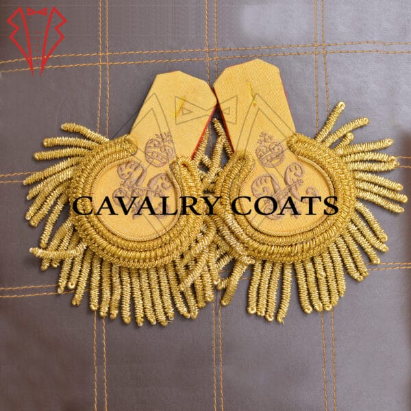 "Golden military epaulettes featuring intricate designs and symbols, worn on the shoulders of a uniform. The epaulettes signify rank and authority within the armed forces."