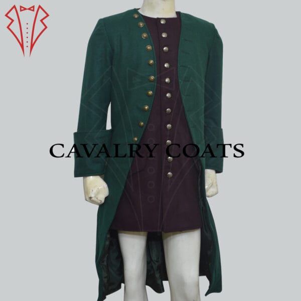 An 18th-century style frock coat reminiscent of Jamie Fraser's iconic attire, featuring ornate buttons, a tailored fit, and rich, textured fabric.