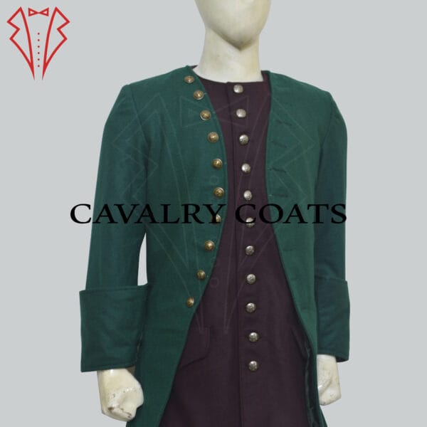 An 18th-century style frock coat reminiscent of Jamie Fraser's iconic attire, featuring ornate buttons, a tailored fit, and rich, textured fabric.