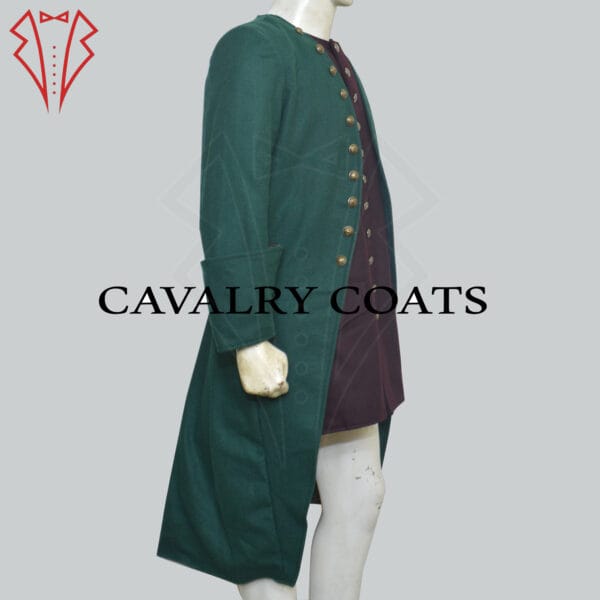 An 18th-century style frock coat reminiscent of Jamie Fraser's iconic attire, featuring ornate buttons, a tailored fit, and rich, textured fabric.