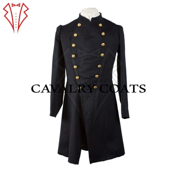 A black frock coat with gold buttons worn by David Moore, featuring intricate detailing on the collar and cuffs. The coat is tailored with a fitted silhouette and extends to knee length. The gold buttons are prominently displayed down the front and on the cuffs, adding a touch of regality to the garment.