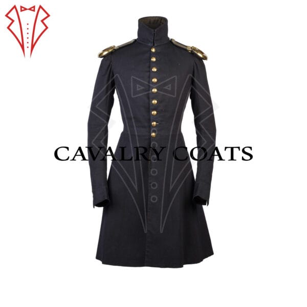 An 1832-1837 Robert Stansfield's Frockcoat, a 2nd Battalion Officer Frock Coat. The coat is dark in color with ornate gold buttons and intricate embroidery along the lapels and cuffs. It has a tailored fit, reaching below the knees, and features a high collar. The coat is part of a military uniform, reflecting the style of the early 19th century.