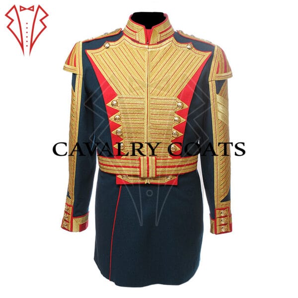 A vintage 1885 Model Drummer Uniform featuring intricate detailing and brass buttons. The uniform consists of a dark blue jacket with red trim and gold accents, worn over matching trousers. The drummer holds drumsticks and stands at attention.