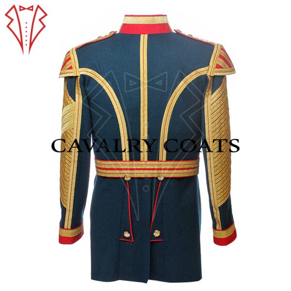 A vintage 1885 Model Drummer Uniform featuring intricate detailing and brass buttons. The uniform consists of a dark blue jacket with red trim and gold accents, worn over matching trousers. The drummer holds drumsticks and stands at attention.