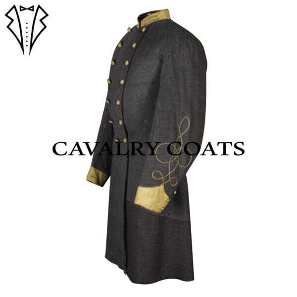 Image of a Regulation Confederate Officer's Frock Coat belonging to Lieutenant William. The coat is dark blue with gold buttons, featuring intricate stitching and embellishments. It is displayed on a mannequin against a neutral background.