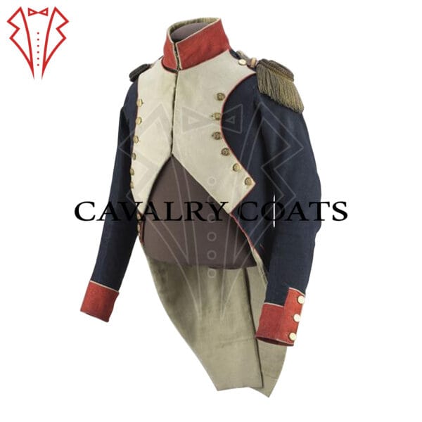 55th Line Infantry Regiment jacket: dark blue with gold trim, adorned with regimental insignia and buttons, showcasing meticulous stitching and military elegance.