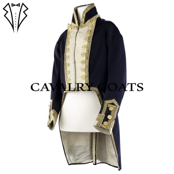 royal naval officer tailcoat, featuring gold buttons and intricate embroidery, symbolizing authority and tradition in naval attire.