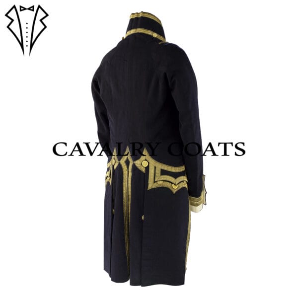 royal naval officer tailcoat, featuring gold buttons and intricate embroidery, symbolizing authority and tradition in naval attire.