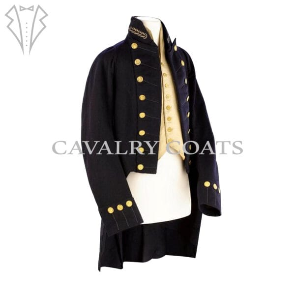 An 18th-century British Royal Naval surgeon's uniform, consisting of a navy blue coat with gold trim, adorned with brass buttons featuring naval insignia. The coat is worn over a white waistcoat and breeches, with black stockings and buckled shoes.