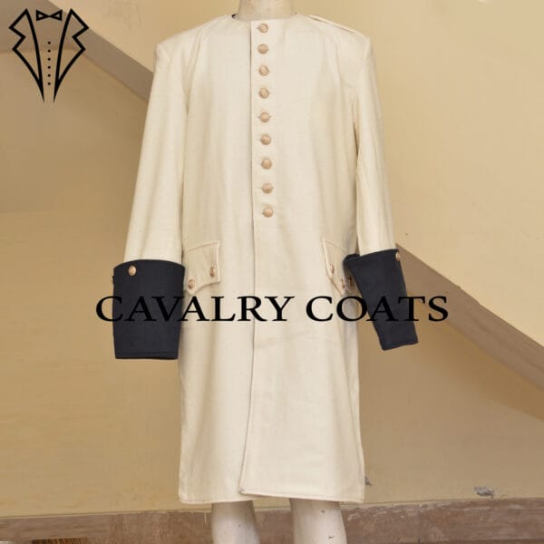 An intricately designed men's frock coat from the 1730s, typical of French military attire of the era. The coat features ornate detailing, including elaborate embroidery, brass buttons, and a tailored fit. Its rich fabric and structured silhouette evoke the fashion sensibilities of the period, showcasing the craftsmanship and style of 18th-century French military uniforms.