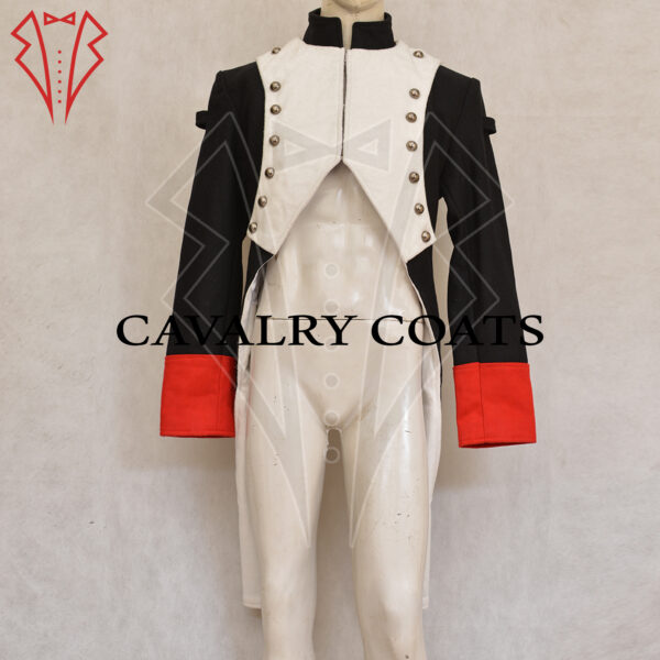 A detailed 18th-century Napoleonic uniform features a dark blue military jacket with red and gold trim, adorned with brass buttons. The jacket has epaulettes on the shoulders, indicating rank. The soldier wears white breeches, knee-high black boots, and a bicorne hat with a feather plume, symbolizing the grandeur of the Napoleonic era.