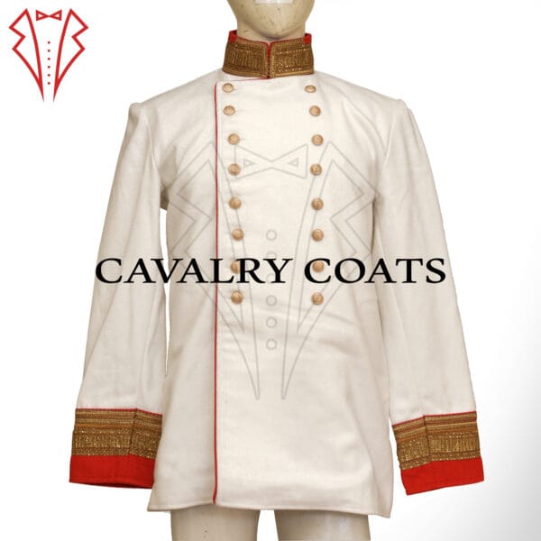 The image shows a General Staff Officer Tunic Jacket, which is a formal military uniform piece. The jacket is dark blue and features a high collar adorned with gold embroidery.